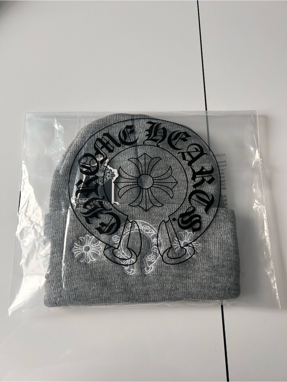 Chrome Hearts Gray Beanie Hat with Embroidered Cross